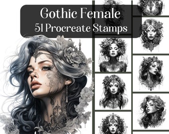 Gothic Female Portrait Procreate Stamps: Tattoo Design Brushes (Digital)