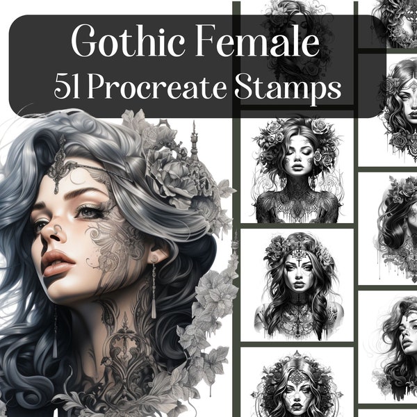 Timbres gothiques de procréation féminine, 51 timbres de pinceau réalistes procréer, images de référence, conception de tatouage, portrait féminin, fantaisie, numérique