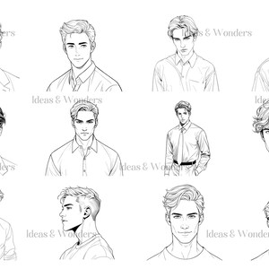 May include: A collection of nine black and white line drawings of men's faces with different hairstyles. The drawings are in various poses and expressions.