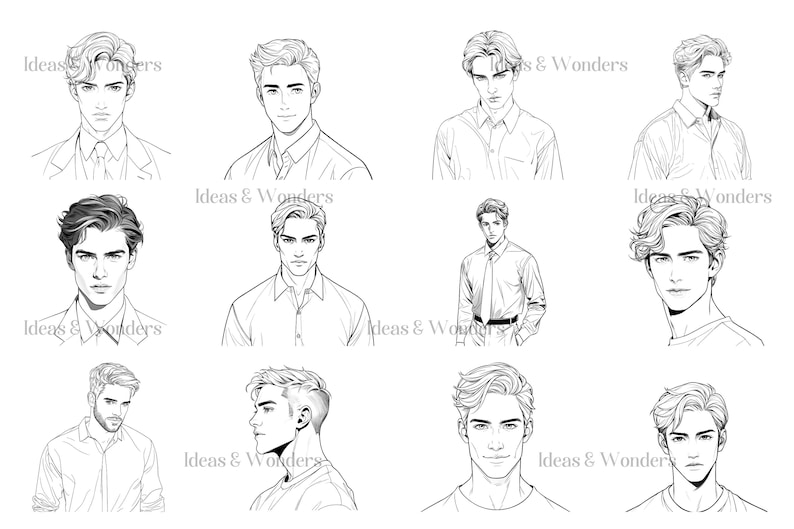 May include: A collection of nine black and white line drawings of men's faces with different hairstyles. The drawings are in various poses and expressions.