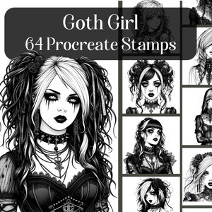 Goth Girl procreate stamps, 64 procreate stamp brushes, gothic female, alternative girl, dark fantasy, vintage witch, victorian fashion