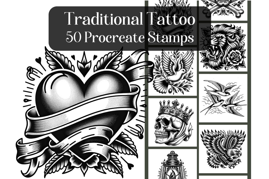 50 Old School Tattoo Procreate Stamps: Traditional Designs (digital ...