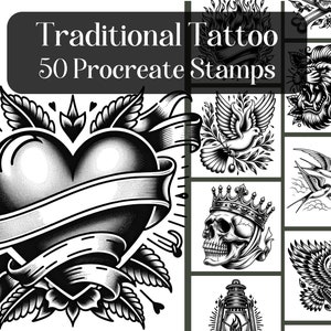 Traditional Old School Tattoos Procreate Stamps, 50 Procreate Brush Stamps, reference images, instant download, tattoo design