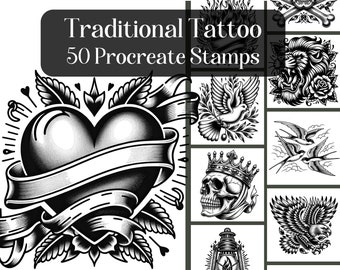 50 Old School Tattoo Procreate Stamps: Traditional Designs (Digital Download)