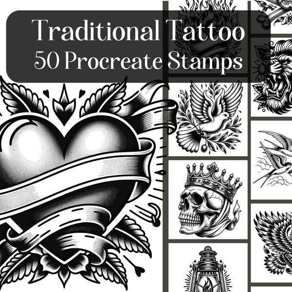 Traditional Old School Tattoos Procreate Stamps, 50 Procreate Brush Stamps, reference images, instant download, tattoo design