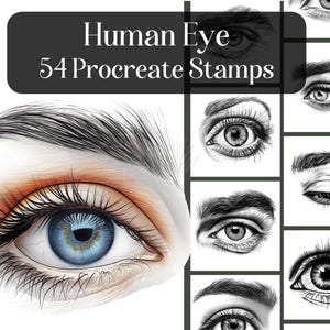 Könnte beinhalten: Ein Set mit 54 digitalen Stempeln für Procreate mit verschiedenen Illustrationen von menschlichen Augen. Die Stempel umfassen verschiedene Augenformen, -größen und -ausdrücke, darunter geschlossene Augen, offene Augen und Augen mit verschiedenen Augenbrauenformen.