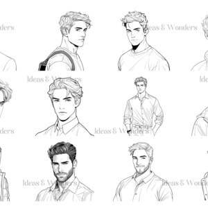May include: A collection of nine black and white line drawings of men with different hairstyles and clothing. The drawings are in a simple style and feature various facial expressions.