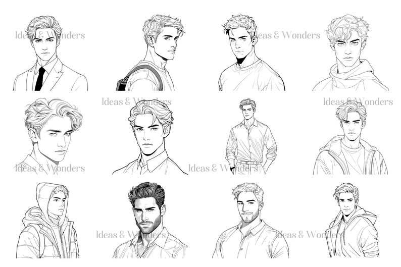 May include: A collection of nine black and white line drawings of men with different hairstyles and clothing. The drawings are in a simple style and feature various facial expressions.