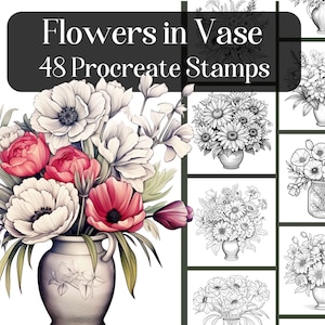 May include: 48 Procreate stamps featuring black and white illustrations of flowers in vases. The stamps are ideal for adding a touch of elegance to your digital art.