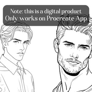 May include: Two black and white line drawings of men's faces. The men have different hairstyles and facial expressions. The text "Note: this is a digital product Only works on Procreate App" is at the top of the image.