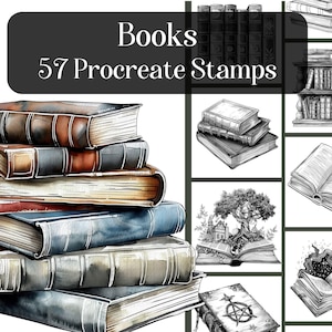 Puede incluir: Un conjunto de 57 sellos de Procreate con ilustraciones de varios libros, incluyendo una pila de libros con encuadernaciones de cuero, un libro con un árbol que crece fuera de él y un libro con un símbolo mágico en la portada.