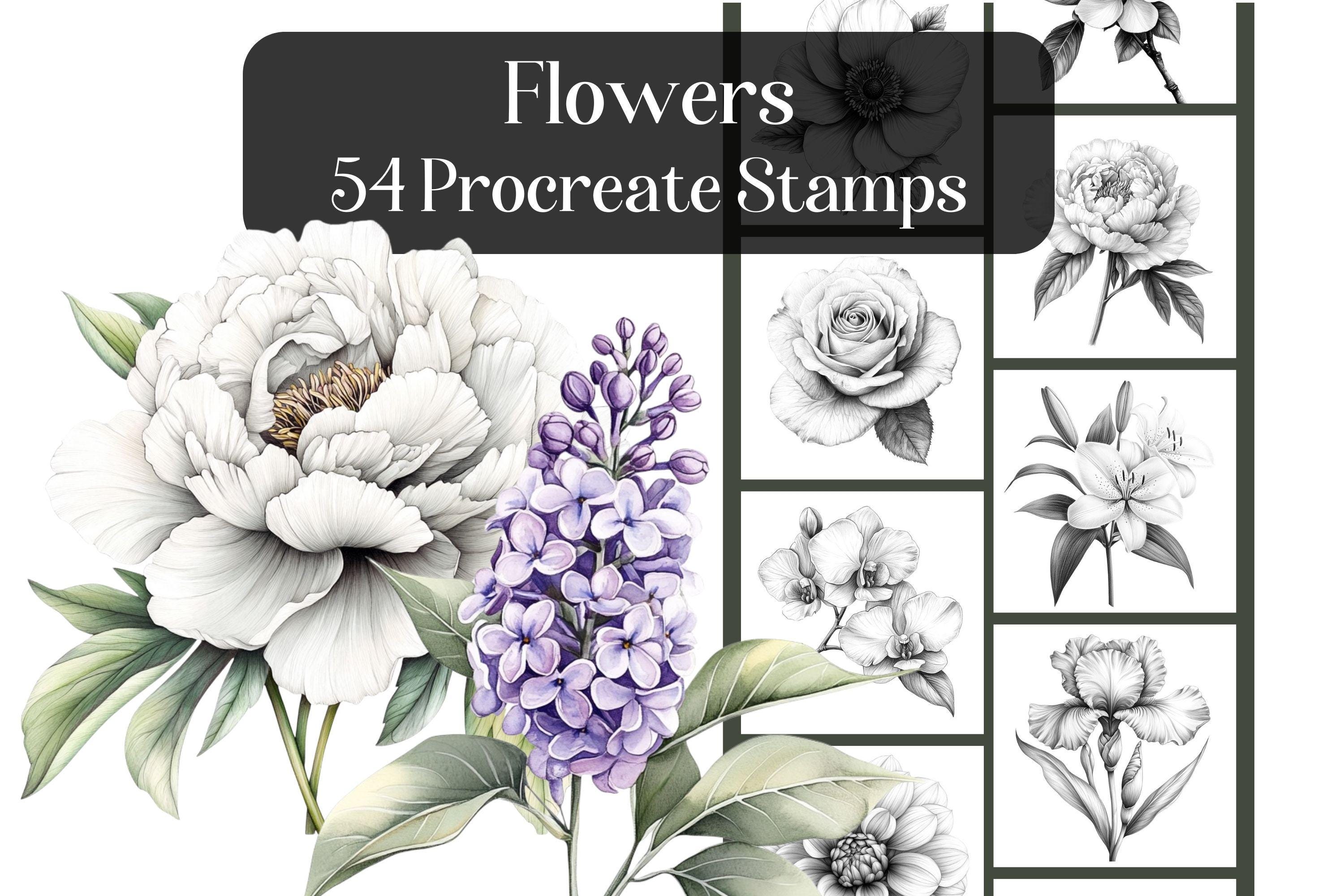 Sellos de Procreate Flores Realistas – 54 pinceles botánicos florales para arte en iPad y diseño de tatuajes