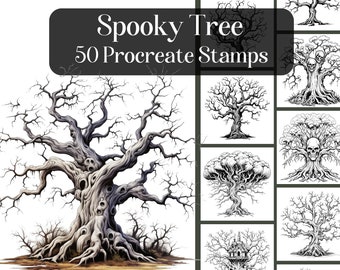 Spooky Tree Procreate stamps, Halloween Procreate brushes, Scary tree, haunted tree, Instant download