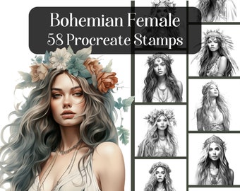 Boho Female Procreate Stamps, 58 timbres réalistes boho girl en niveaux de gris pour Procreate App sur iPad, images de référence, conception de tatouage