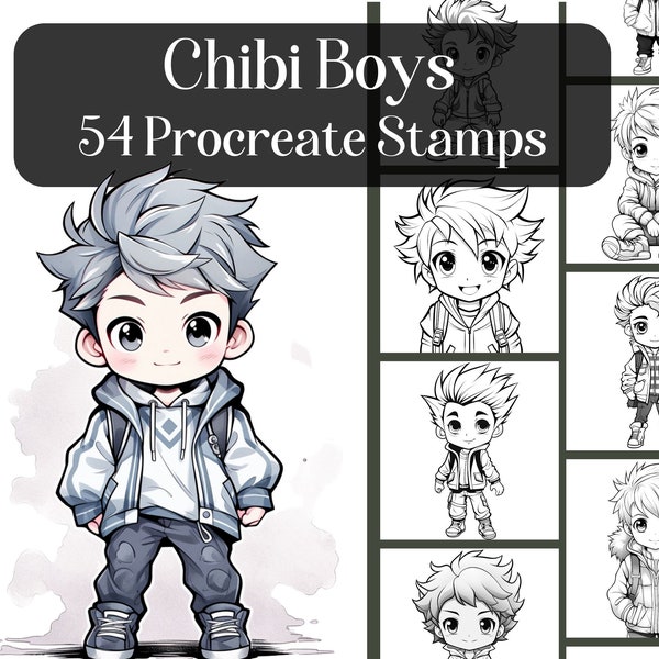 Chibi Boys Procreate Stamps, 54 Cute cartoon boy brush stamps for Procreate App, digital download