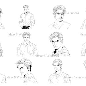May include: A collection of nine black and white line drawings of men with different hairstyles and clothing. The drawings are in a minimalist style and feature a variety of facial expressions.