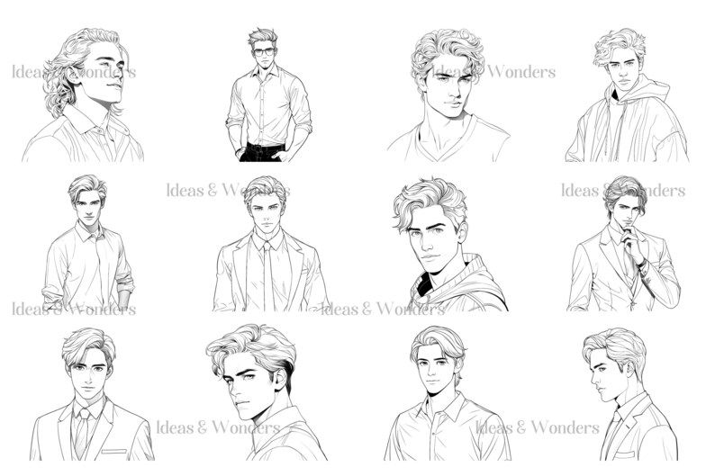 May include: A collection of nine black and white line drawings of men with different hairstyles and clothing. The drawings are in a minimalist style and feature a variety of facial expressions.