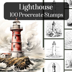 Lighthouse, 100 Procreate stamp brushes, reference images for drawing, coloring, digital painting, nautical theme, landscape