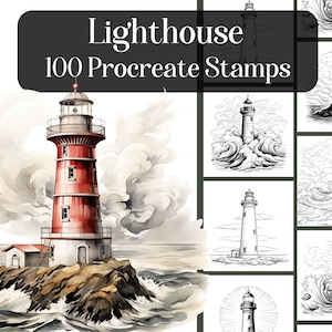 Lighthouse, 100 Procreate stamp brushes, reference images for drawing, coloring, digital painting, nautical theme, landscape