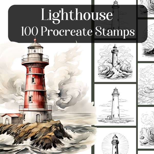 Phare, 100 pinceaux de timbre Procreate, images de référence pour le dessin, la coloration, la peinture numérique, le thème nautique, le paysage