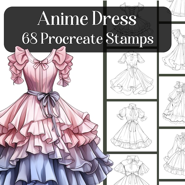 Anime Dress Procreate Stamps, 68 robes Manga pour Procreate App sur iPad, images de référence, coloriage, timbres de mode