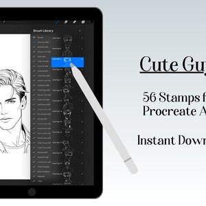 May include: A digital illustration of a man's face on a tablet screen. The tablet is open to a digital art app with a brush library and a selection of 56 stamps labeled "Cute Guys" for the Procreate app. The text "Cute Guys 56 Stamps for Procreate App Instant Download" is displayed on a light gray background.