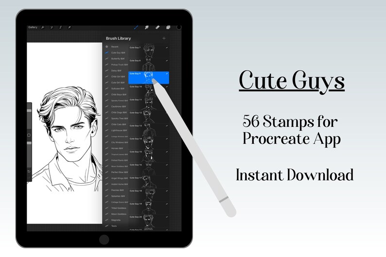 May include: A digital illustration of a man's face on a tablet screen. The tablet is open to a digital art app with a brush library and a selection of 56 stamps labeled "Cute Guys" for the Procreate app. The text "Cute Guys 56 Stamps for Procreate App Instant Download" is displayed on a light gray background.