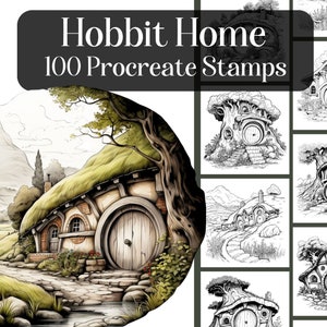 May include: A set of 100 Procreate stamps featuring illustrations of hobbit homes. The stamps include various styles of hobbit homes, including those with round doors, thatched roofs, and stone walls. The stamps are perfect for adding a touch of fantasy to your digital art.
