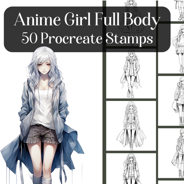 Anime Girl Procreate Stamps, 50 Stamp Brushes for Procreate, reference images, full body stamp, fashion girl, manga female cartoon images