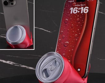 Red Crushed Soda Can Phone Stand – 3D Printed Cell Phone Holder, Funny Desk Gift