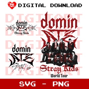 May include: A digital download of a graphic design featuring the text "domin" in a red gothic font with a black outline. The text is surrounded by black thorns and the words "Stray Kids World Tour" are written below. The graphic is suitable for use as a t-shirt design, sticker, or other merchandise.