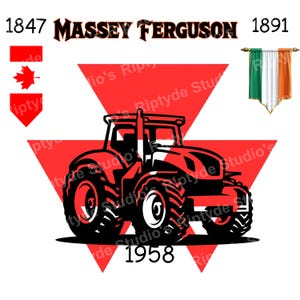 Può includere: Grafica rossa e nera di un trattore Massey Ferguson, su un triangolo rosso. L'immagine include il testo "MASSEY FERGUSON", gli anni 1847, 1891 e 1958 e le bandiere canadesi e irlandesi.