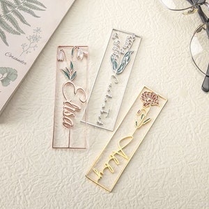 Custom Birth Flower Name Bookmark, Colorful Birthday Flower Stainless Steel Bookmarks, Cutting 3D Names, Women Birthday Commemorative Gifts