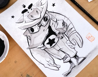 May include: Black and white ink drawing of a cartoon character wearing a hat and goggles. The character has a large, round eye and a star on its chest. The drawing is on a white background.