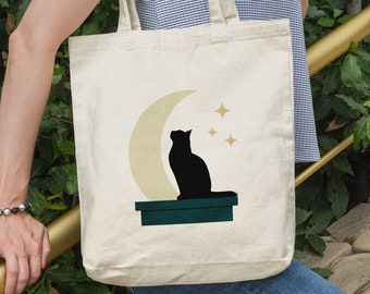 Reusable Boho Black Cat Moon Silhouette Tote Bag Cat Mom Gift Idea For Book Lover Tote Bag Gift Library Bag Beach Tote Bag Cat Lover Gifts
