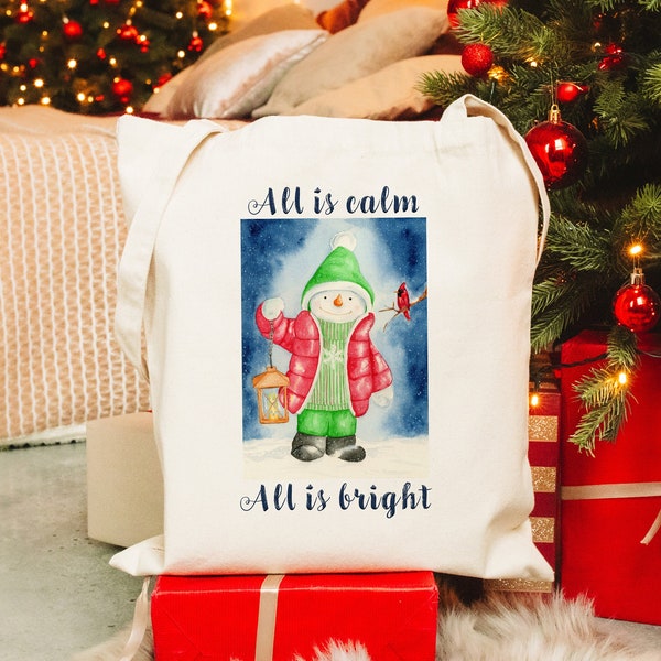 Snowman Cotton Tote Bag, Reading Tote Bag, Gift For Book Lover, Bookish Tote, Recycle Grocery Bag, Book Addict,Christmas gift,Christmas 2023