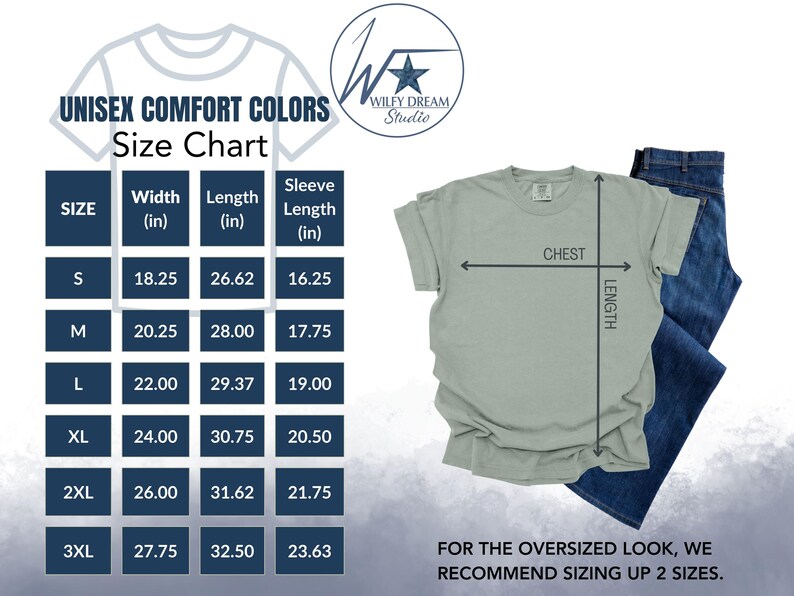 K&ouml;nnte beinhalten: Unisex-T-Shirt-Gr&ouml;&szlig;entabelle mit Ma&szlig;en in Zoll f&uuml;r Breite, L&auml;nge und &Auml;rmell&auml;nge. Die Tabelle zeigt Gr&ouml;&szlig;en von S bis 3XL. Der Text "F&uuml;r den Oversize-Look empfehlen wir, 2 Gr&ouml;&szlig;en gr&ouml;&szlig;er zu bestellen." befindet sich am unteren Rand der Tabelle.