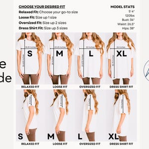 K&ouml;nnte beinhalten: Gr&ouml;&szlig;entabelle f&uuml;r ein wei&szlig;es T-Shirt mit verschiedenen Passformen: locker, weit, oversized und Hemd. Die Tabelle zeigt die Ma&szlig;e jeder Passform in Zoll. Das Model ist 1,63 m gro&szlig; und wiegt 54 kg. Die Ma&szlig;e sind: Brustumfang 86 cm, Taillenumfang 67 cm, H&uuml;ftumfang 97 cm.
