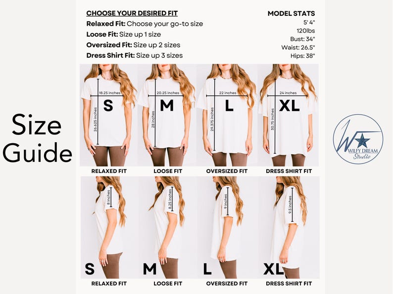 K&ouml;nnte beinhalten: Gr&ouml;&szlig;entabelle f&uuml;r ein wei&szlig;es T-Shirt mit verschiedenen Passformen: locker, weit, oversized und Hemd. Die Tabelle zeigt die Ma&szlig;e jeder Passform in Zoll. Das Model ist 1,63 m gro&szlig; und wiegt 54 kg. Die Ma&szlig;e sind: Brustumfang 86 cm, Taillenumfang 67 cm, H&uuml;ftumfang 97 cm.