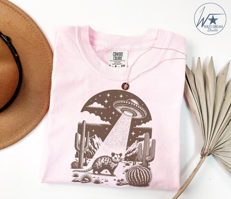 K&ouml;nnte beinhalten: Ein pinkfarbenes T-Shirt mit einem braunen Grafikdruck einer W&uuml;stenlandschaft mit einer fliegenden Untertasse, Kakteen und einem kleinen Tier. Der Text "COMFORT COLORS" befindet sich auf einem wei&szlig;en Etikett.