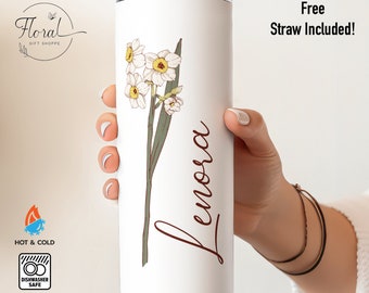 Personalized Skinny Tumbler with Straw - Personalized Birth Flower Coffee Cup With Name - Gifts for Her - Mother's Day Gift - Gift for Mom