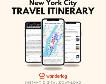 May include: A digital travel itinerary for New York City, displayed on three smartphone screens. The itinerary includes a map of the city with various points of interest marked, and a list of activities and attractions to visit. The screens are labeled "New York City Guide: Eat Your Way Through Every Neighborhood", "Day 1", and "Citywide Park Map". The app is called "wanderlog" and the text "INSTANT DIGITAL DOWNLOAD" is displayed below the screens.