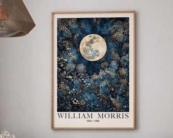 William Morris Moon Stars Print, Vintage Celestial Wall Art, Gothic Night Sky Sun Moon Lover Gift Fireflies Woodland Wildflower Print