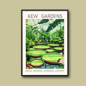 Kew Gardens Print, London, The Waterlily House Kew Gardens Print, Giant Lily Pads Art Print, Vintage Botanical Poster, Living Room Wall Art