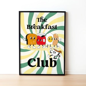 Breakfast Club Art Print,  Retro Characters Wall Art, 70s Style Whimsical Food Art, Funky, Fun Kitchen Print, Egg, Sausage Toast, Jam Coffee