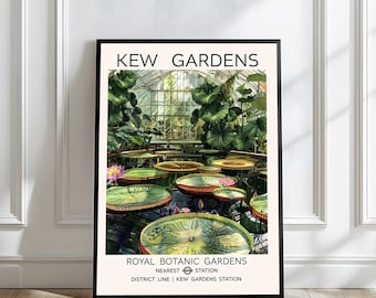 Poster van de waterlelies van Kew Gardens in Londen, botanische print, reisposter van de Royal Botanic Gardens, muurdecoratie met waterlelies uit Victoria.