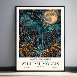 William Morris Moon Print Celestial Wall Art, Woodland Wall Art Nature Print Moody Landscape Print, Gold Decor, Moon Poster, Night Sky Art