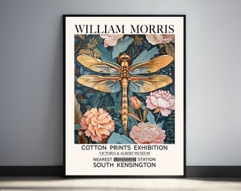 William Morris Print, Dragonfly Wall Art, Pink Floral Print, Antique Floral Print, Peonies Print, Vintage Botanical Print, Textile Wall Art