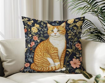 Cat Print Pillow William Morris Style Cushion Cover Floral Cottagecore Decor