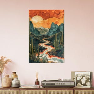 Western Desert American Landscape Print, Canvas Ready To Hang Art, Texas Vintage Desert Botanical Wall Decor, Texas Desert Sunset Big Bend